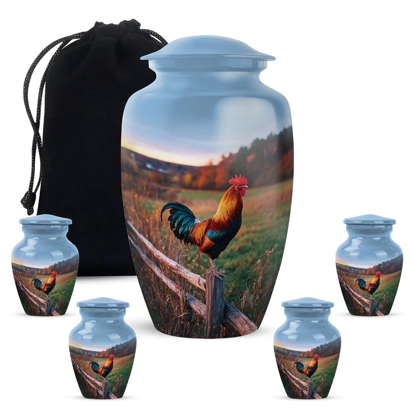 Azure Hen Cremation Urn top-down view of secure threaded lid - timeless hen motif etched into premium metal - memorial set with one large and four small urns