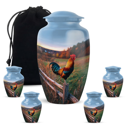 Azure Hen Cremation Urn top-down view of secure threaded lid - timeless hen motif etched into premium metal - memorial set with one large and four small urns