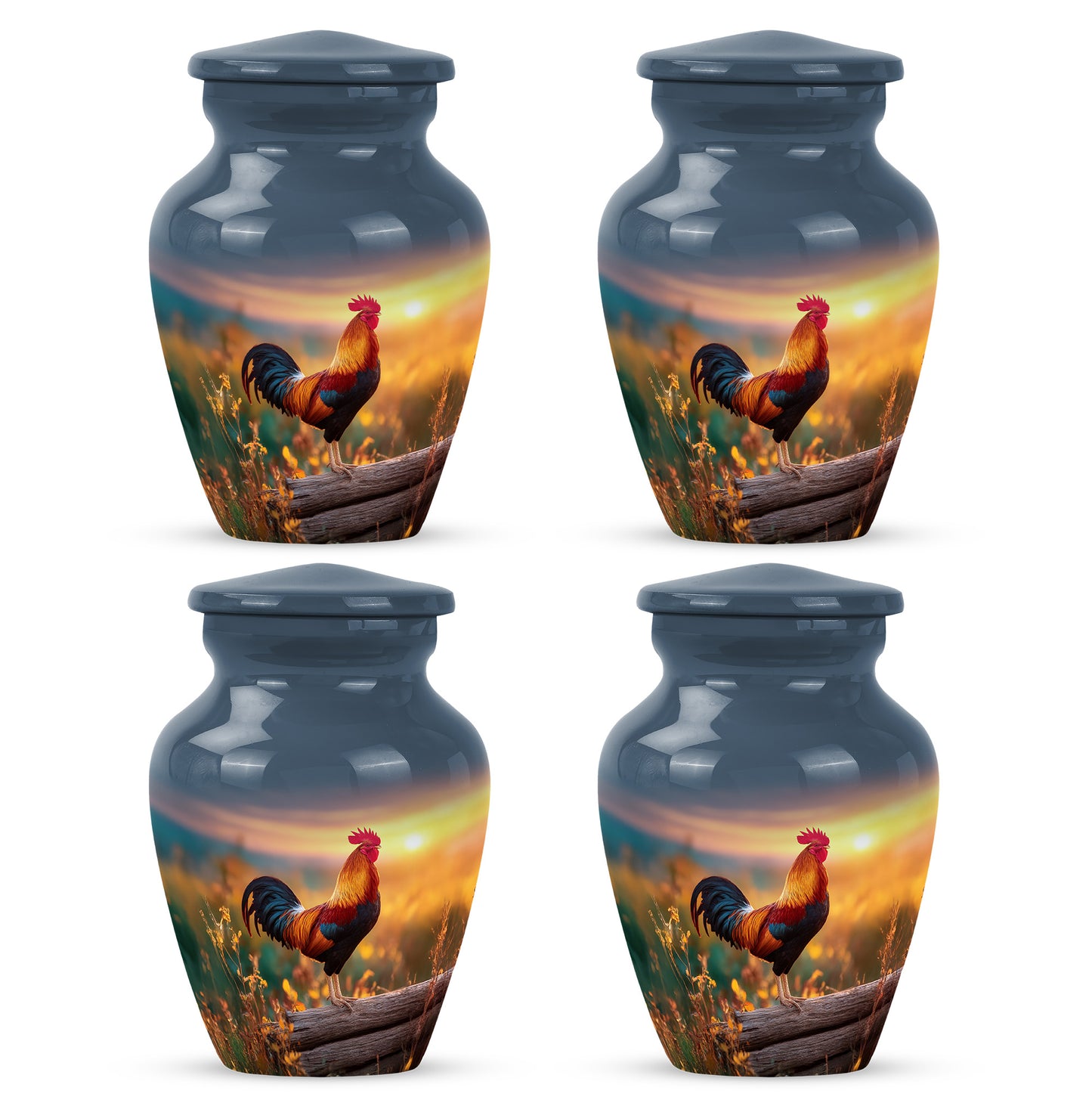 Dusty Blue Hen Cremation Urn side profile showing urn shape - classic sculpted hen pattern on smooth aluminum - 10 inch aluminum urn for cremated remains