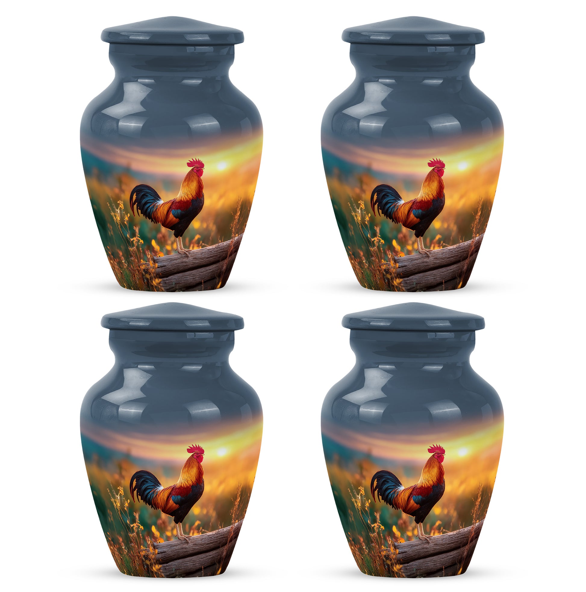 Dusty Blue Hen Cremation Urn side profile showing urn shape - classic sculpted hen pattern on smooth aluminum - 10 inch aluminum urn for cremated remains