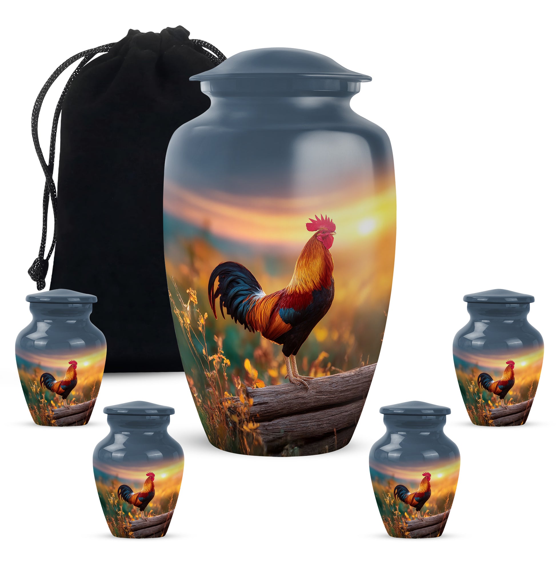 Vivid Blue Hen Cremation Urn top-down view of secure threaded lid - traditional hen engraving with hand-polished finish - memorial set with one large and four small urns