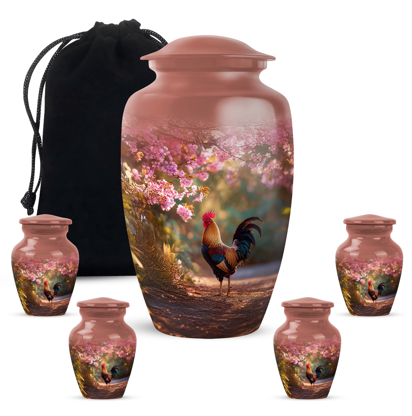 Cherry Red Hen Cremation Urn top-down view of secure threaded lid - traditional hen engraving with hand-polished finish - memorial set with one large and four small urns