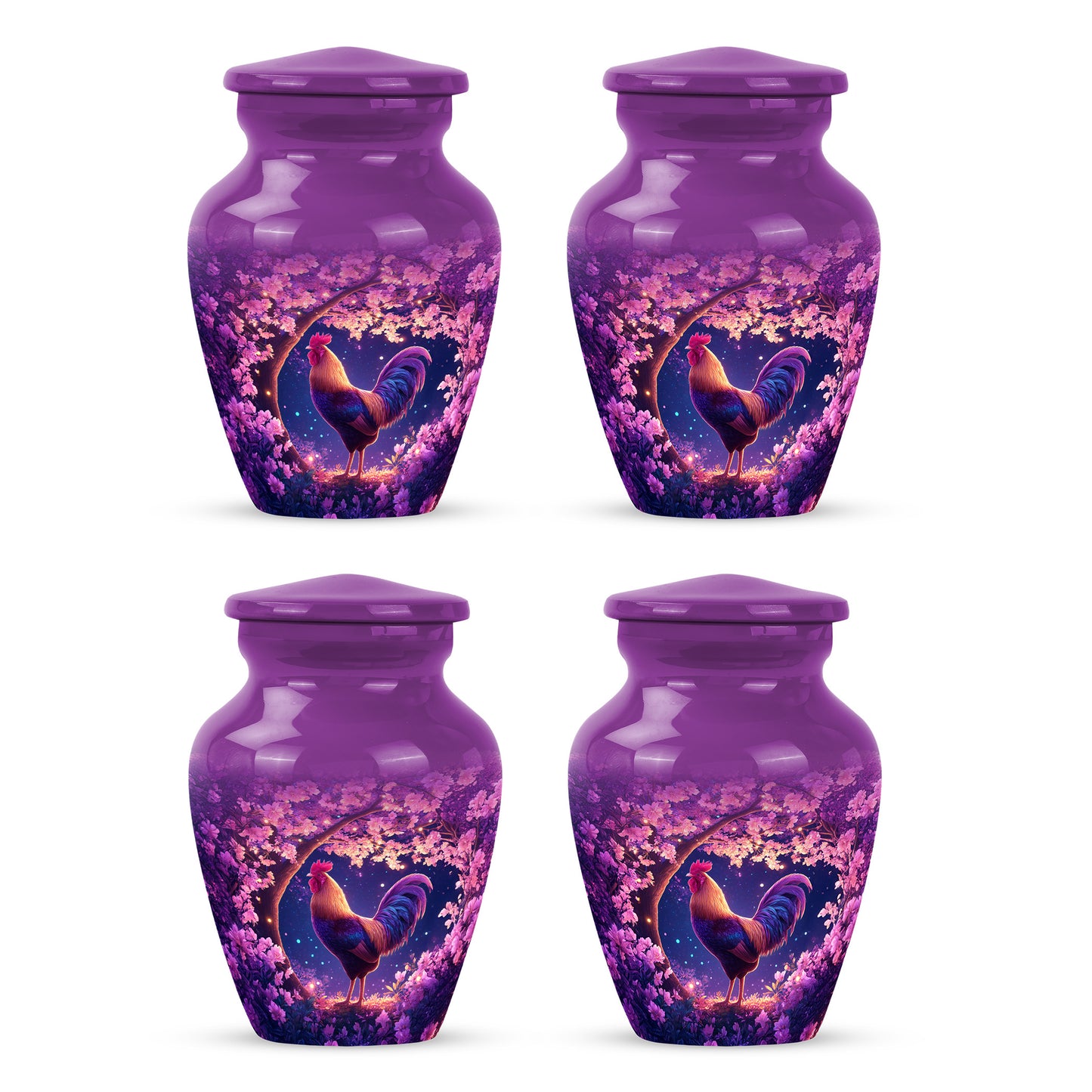 Coral Pink Hen Cremation Urn side profile showing urn shape - timeless hen motif etched into premium metal - 10 inch aluminum urn for cremated remains