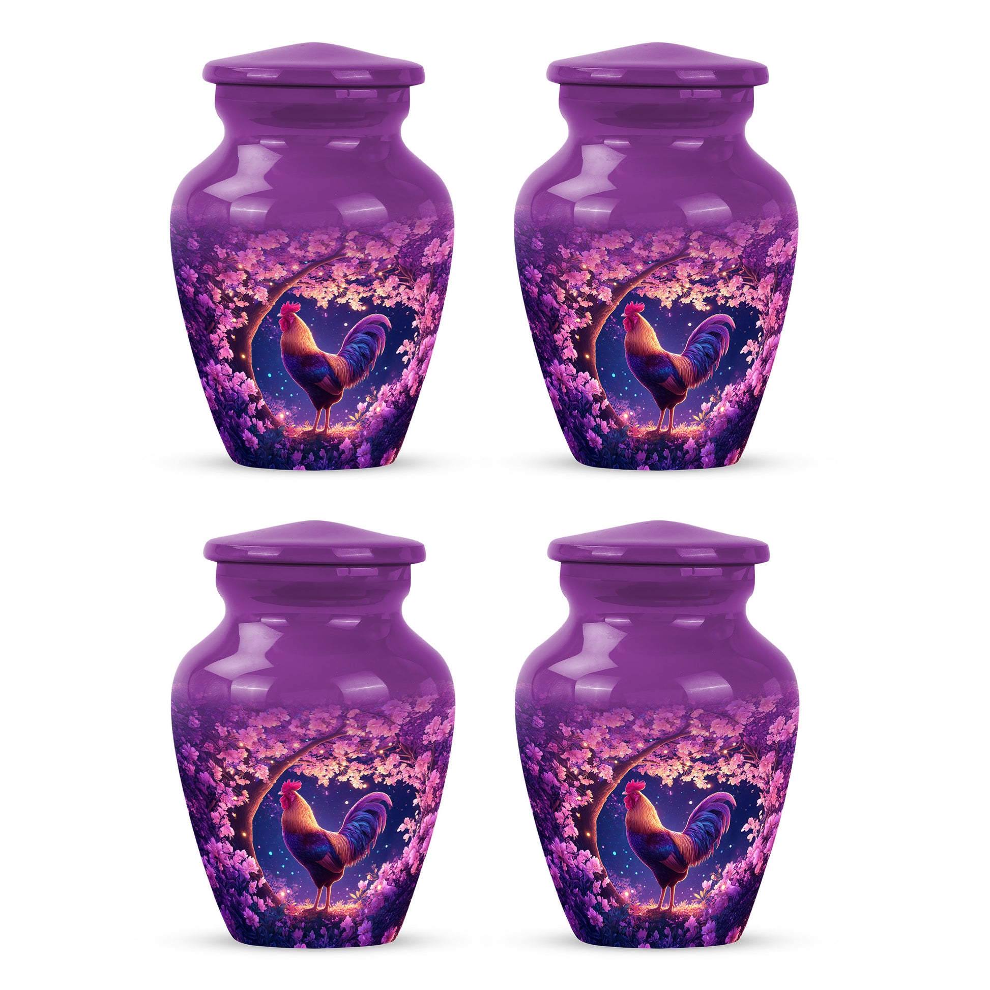 Coral Pink Hen Cremation Urn side profile showing urn shape - timeless hen motif etched into premium metal - 10 inch aluminum urn for cremated remains