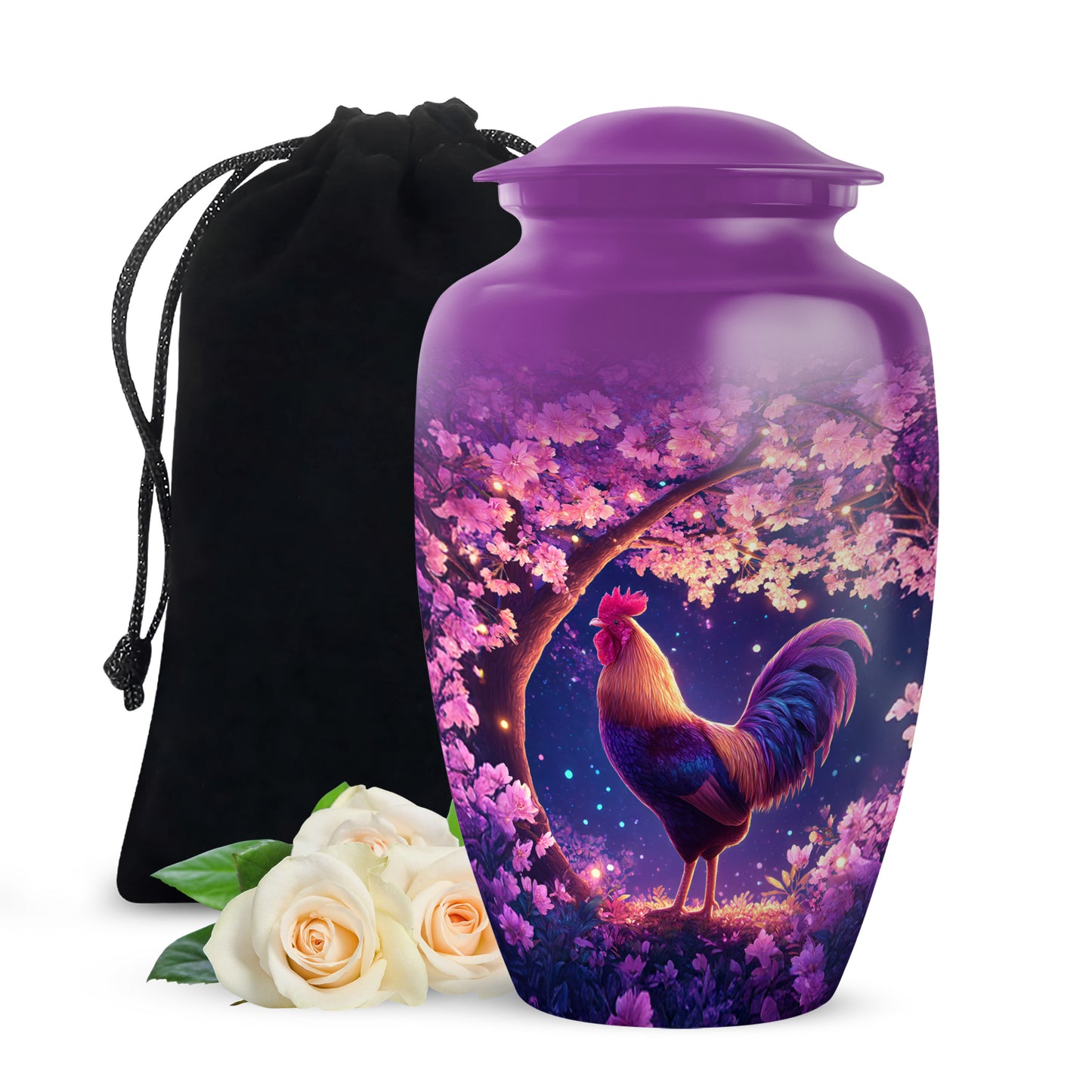 Coral Pink Hen Cremation Urn angled view of lid and engraved motif - classic sculpted hen pattern on smooth aluminum - full-size 10 inch 200 cubic inch adult cremation urn