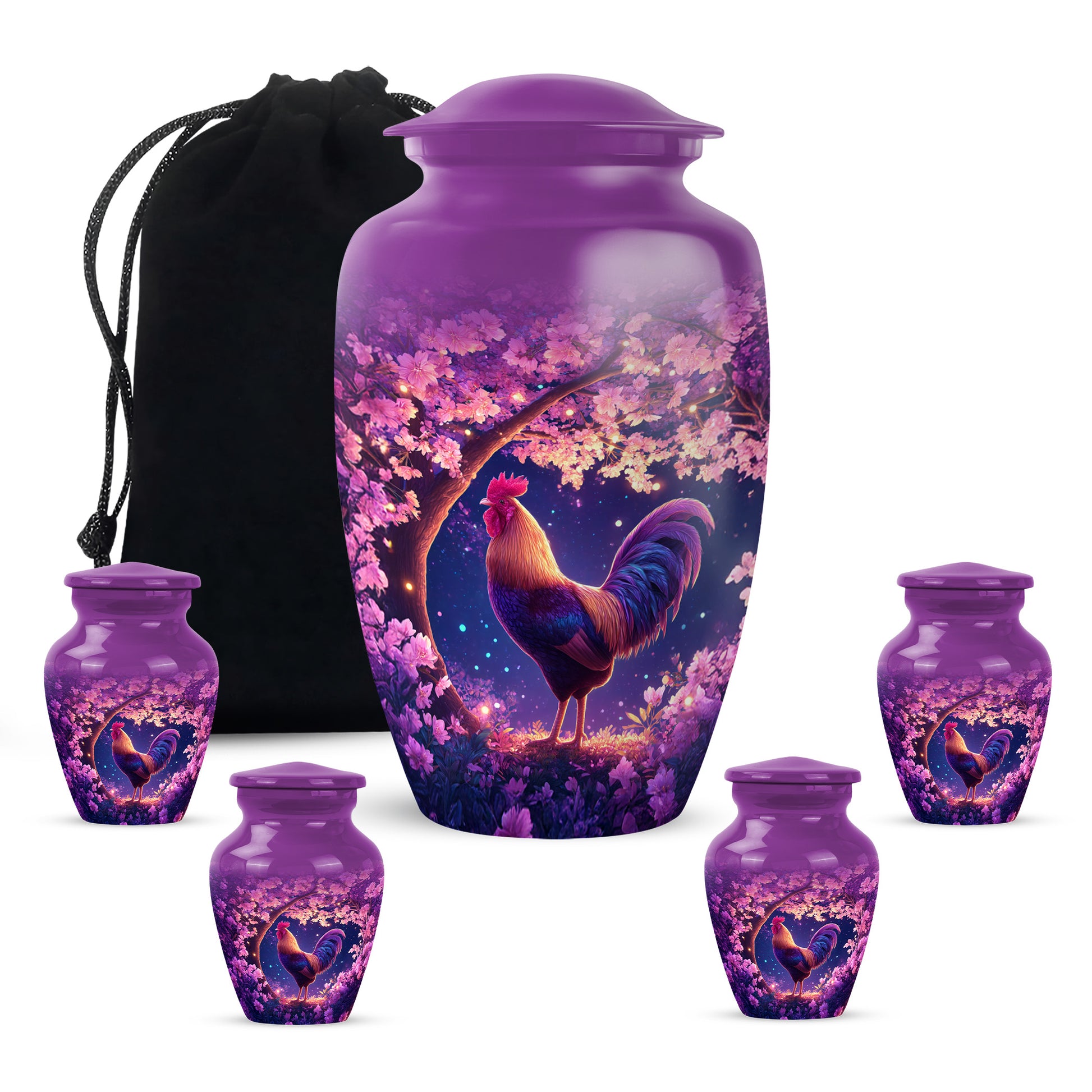 Rose Pink Hen Cremation Urn top-down view of secure threaded lid - classic sculpted hen pattern on smooth aluminum - memorial set with one large and four small urns