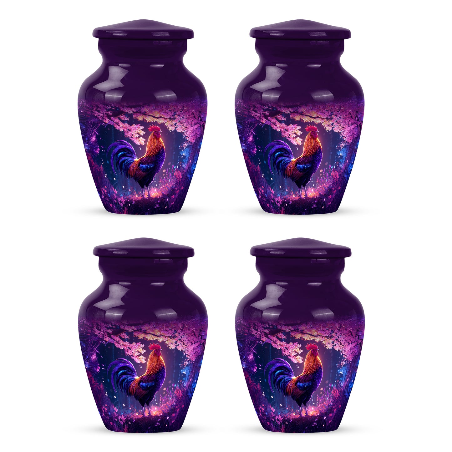 Majestic Purple Hen Cremation Urn side profile showing urn shape - timeless hen motif etched into premium metal - 10 inch aluminum urn for cremated remains