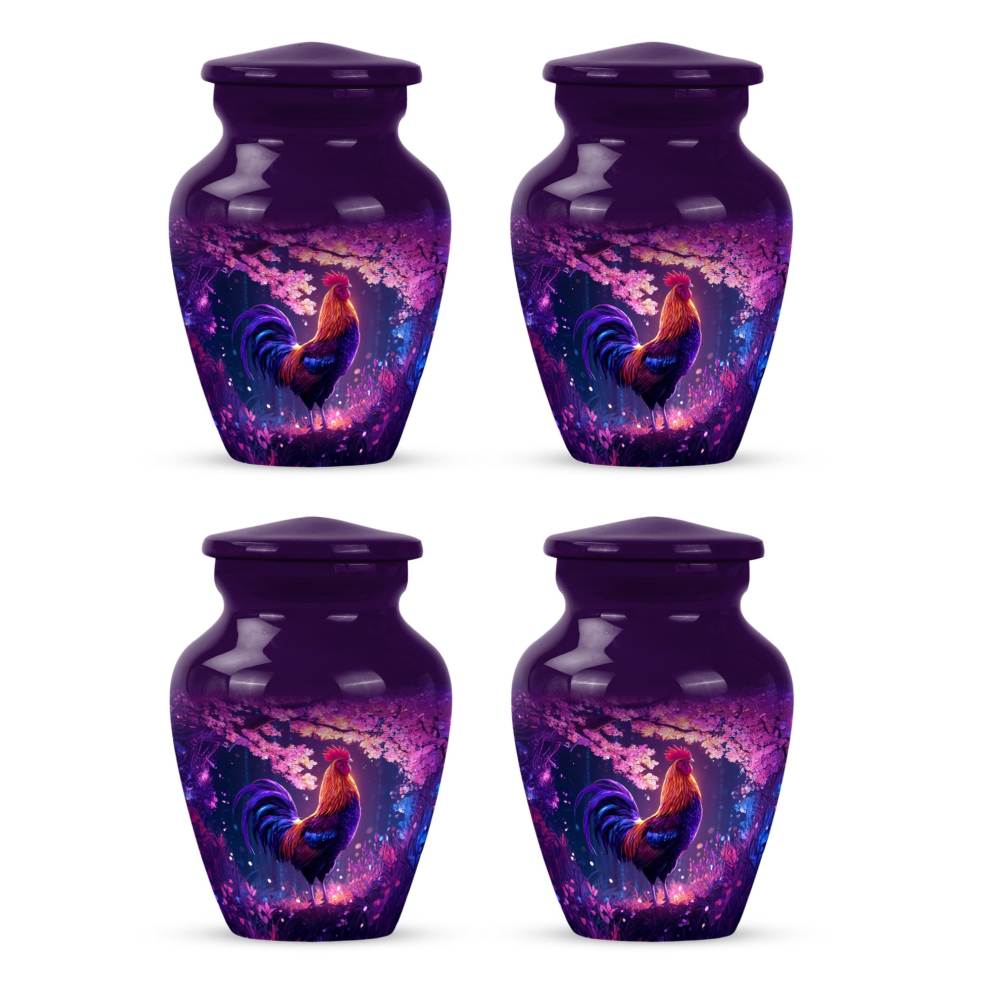 Majestic Purple Hen Cremation Urn side profile showing urn shape - timeless hen motif etched into premium metal - 10 inch aluminum urn for cremated remains