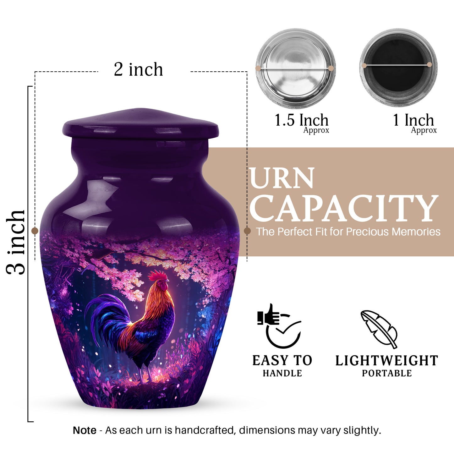 Amethyst Purple Hen Cremation Urn close-up of engraving and surface detail - classic sculpted hen pattern on smooth aluminum - mini keepsake memorial for portion of cremation ashes