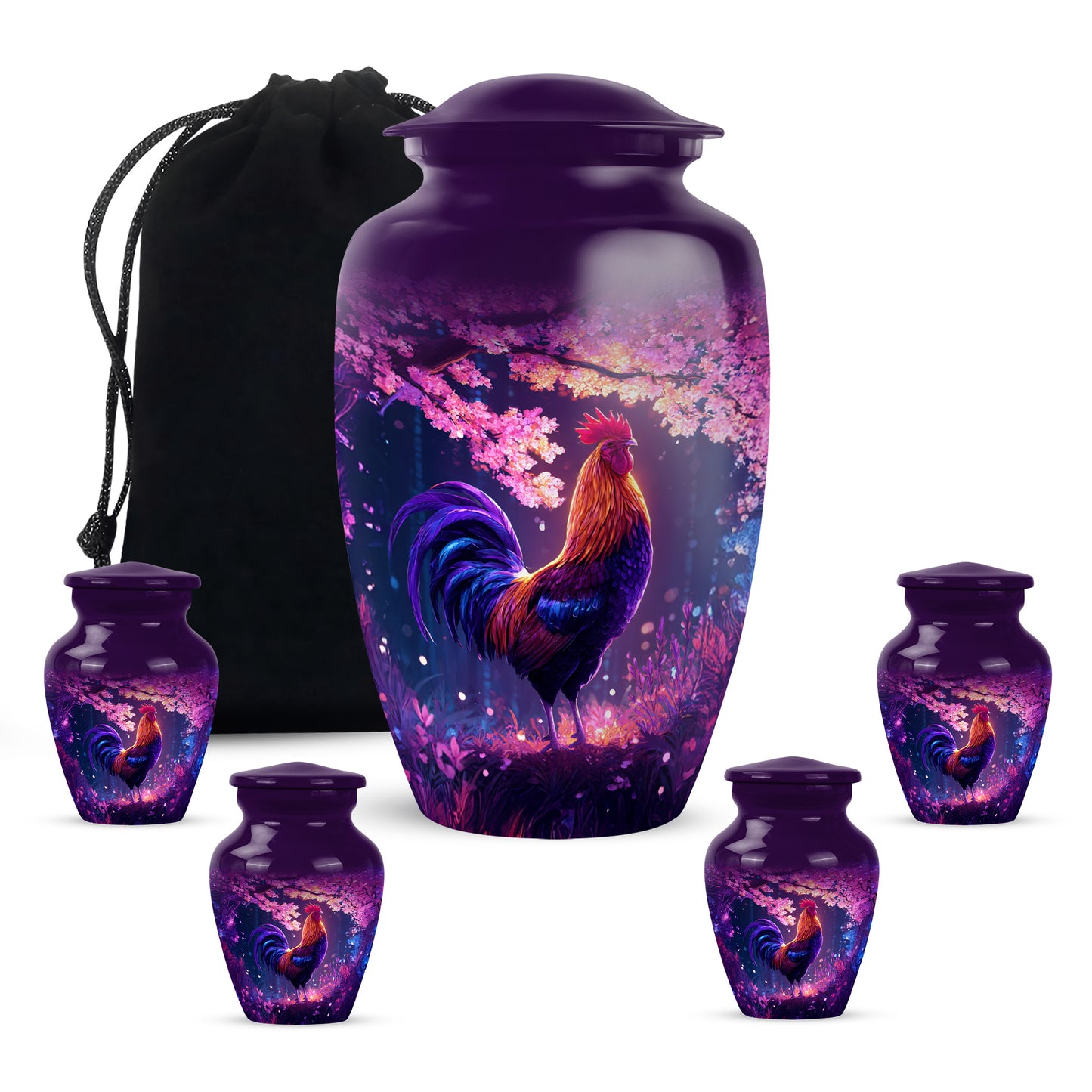 Royal Purple Hen Cremation Urn top-down view of secure threaded lid - elegant classic hen relief with fine detailing - memorial set with one large and four small urns