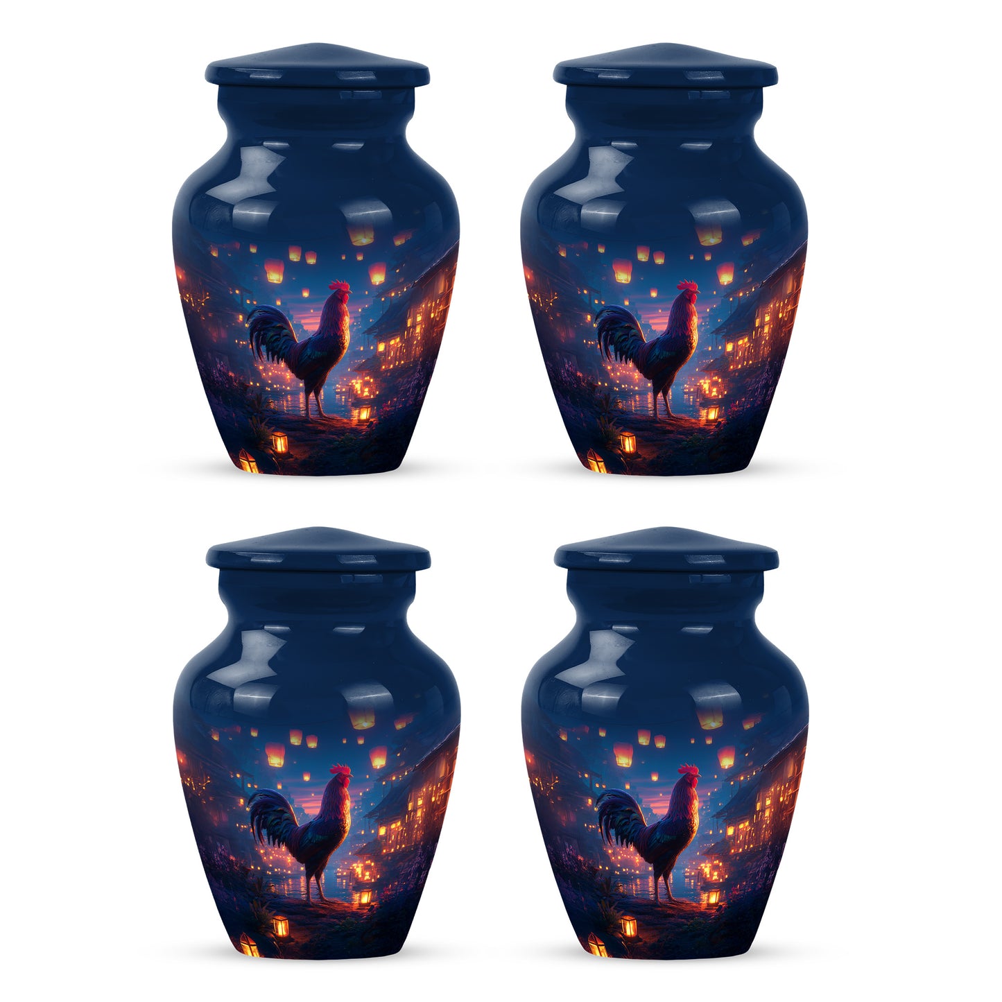 Vivid Blue Hen Cremation Urn side profile showing urn shape - traditional hen engraving with hand-polished finish - 10 inch aluminum urn for cremated remains