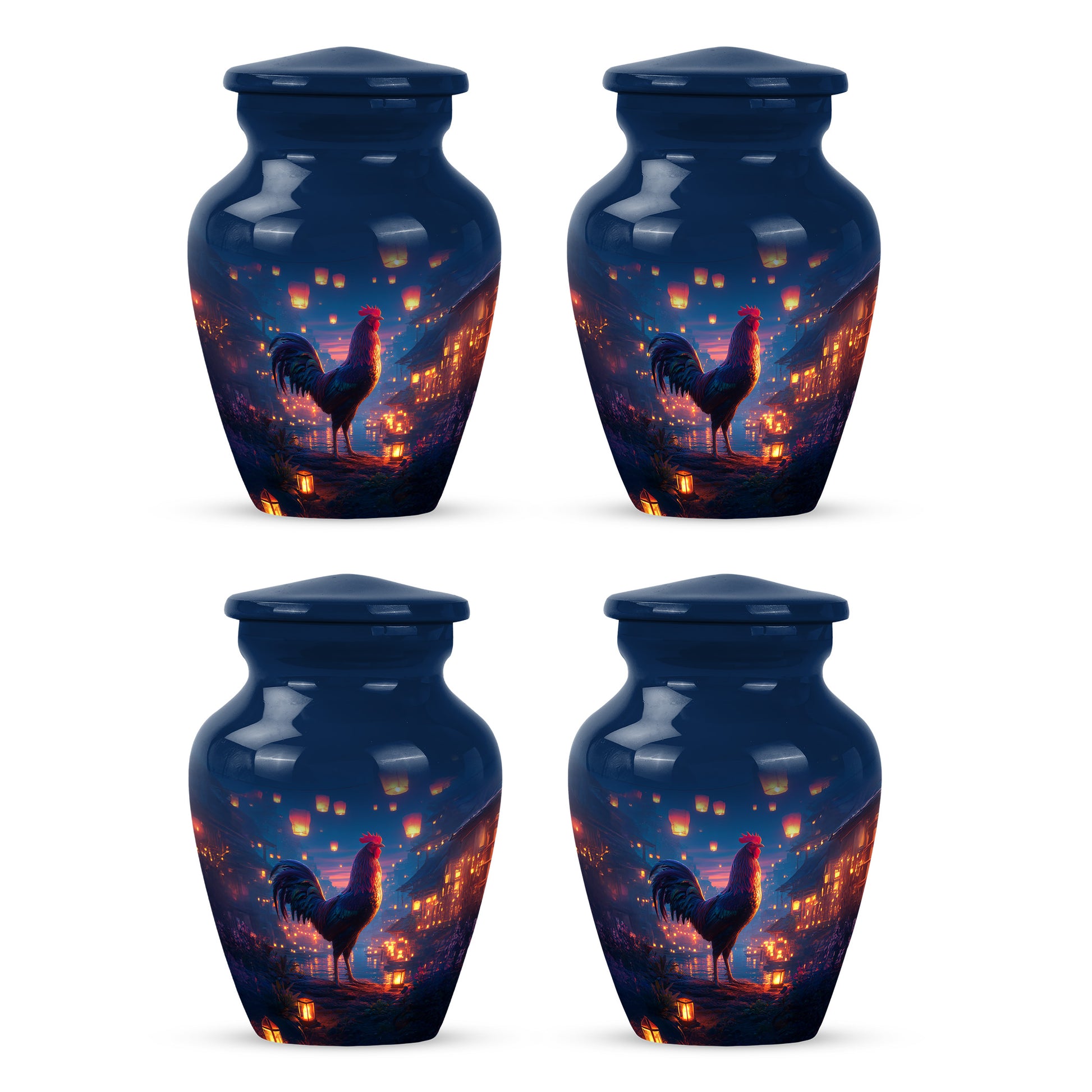 Vivid Blue Hen Cremation Urn side profile showing urn shape - traditional hen engraving with hand-polished finish - 10 inch aluminum urn for cremated remains