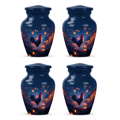 Vivid Blue Hen Cremation Urn side profile showing urn shape - traditional hen engraving with hand-polished finish - 10 inch aluminum urn for cremated remains