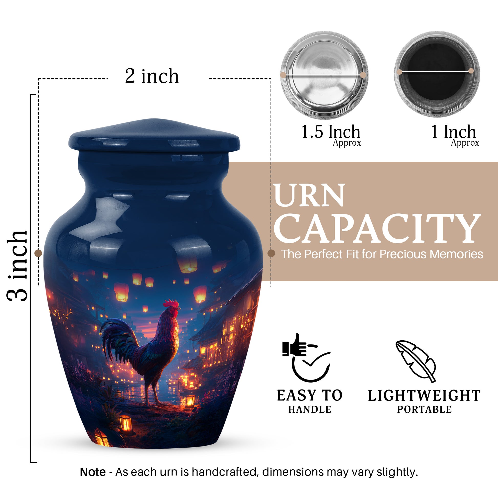 Celestial Blue Hen Cremation Urn close-up of engraving and surface detail - classic sculpted hen pattern on smooth aluminum - mini keepsake memorial for portion of cremation ashes