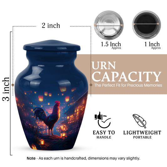 Celestial Blue Hen Cremation Urn close-up of engraving and surface detail - classic sculpted hen pattern on smooth aluminum - mini keepsake memorial for portion of cremation ashes