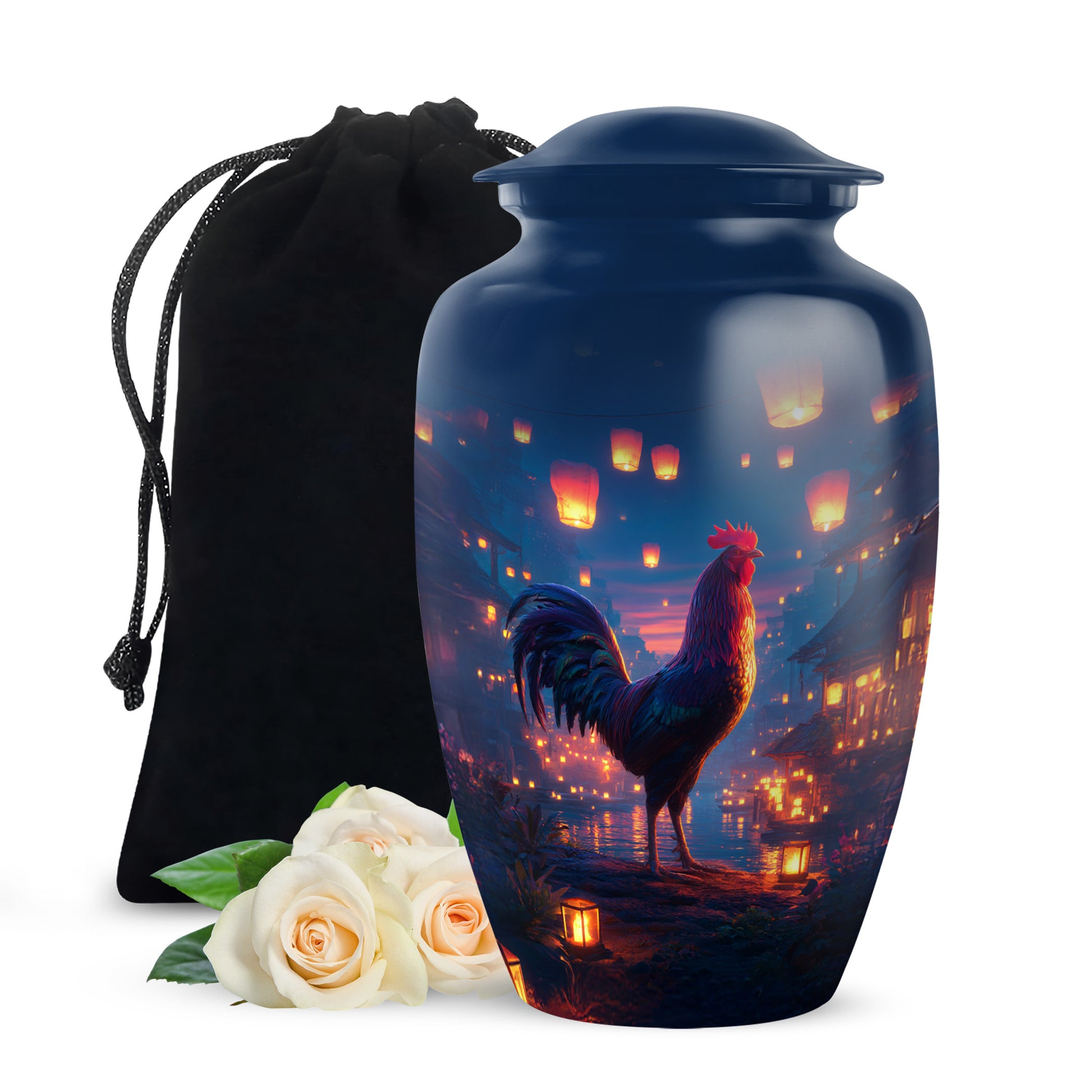 Sapphire Blue Hen Cremation Urn angled view of lid and engraved motif - elegant classic hen relief with fine detailing - full-size 10 inch 200 cubic inch adult cremation urn