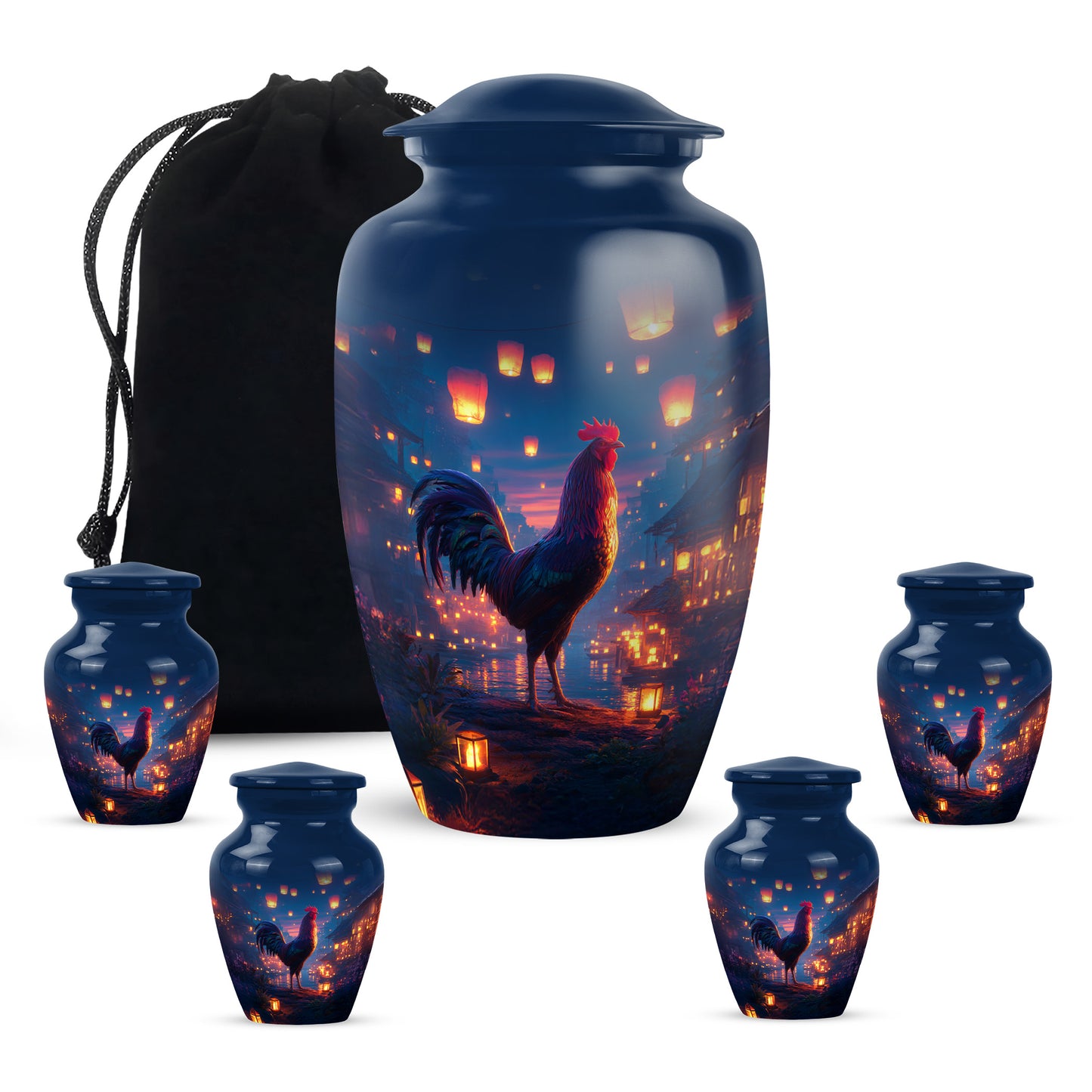 Sapphire Blue Hen Cremation Urn top-down view of secure threaded lid - elegant classic hen relief with fine detailing - memorial set with one large and four small urns