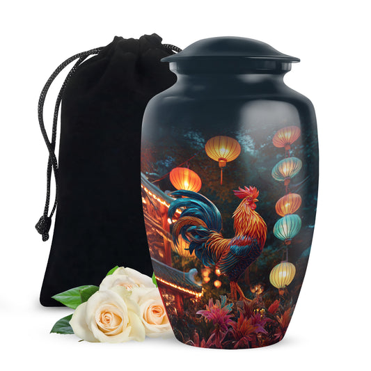 Powder Blue Hen Cremation Urn angled view of lid and engraved motif - classic sculpted hen pattern on smooth aluminum - full-size 10 inch 200 cubic inch adult cremation urn