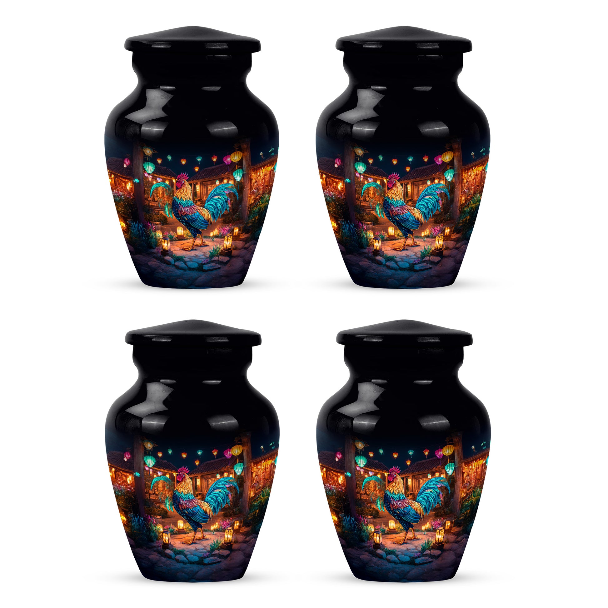 Glossy Black Hen Cremation Urn side profile showing urn shape - classic sculpted hen pattern on smooth aluminum - 10 inch aluminum urn for cremated remains