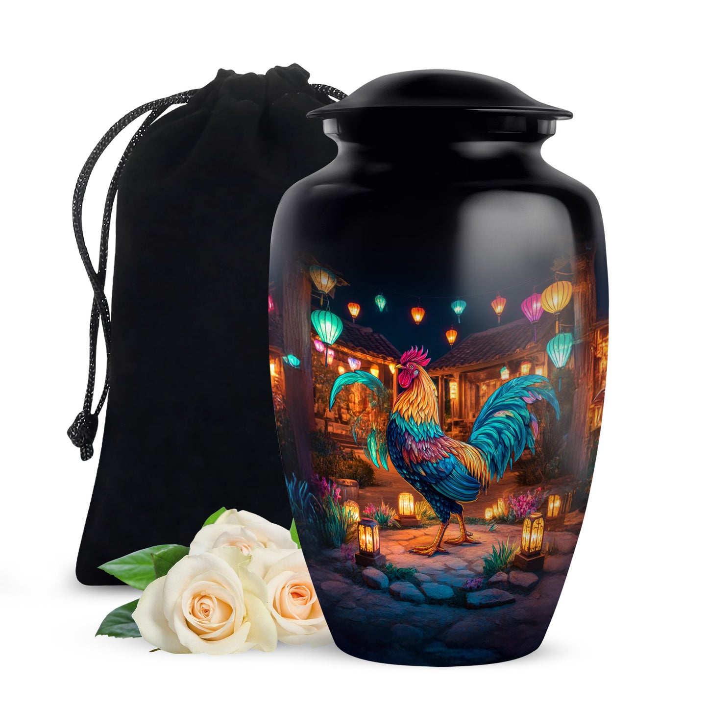 Rich Black Hen Cremation Urn angled view of lid and engraved motif - timeless hen motif etched into premium metal - full-size 10 inch 200 cubic inch adult cremation urn