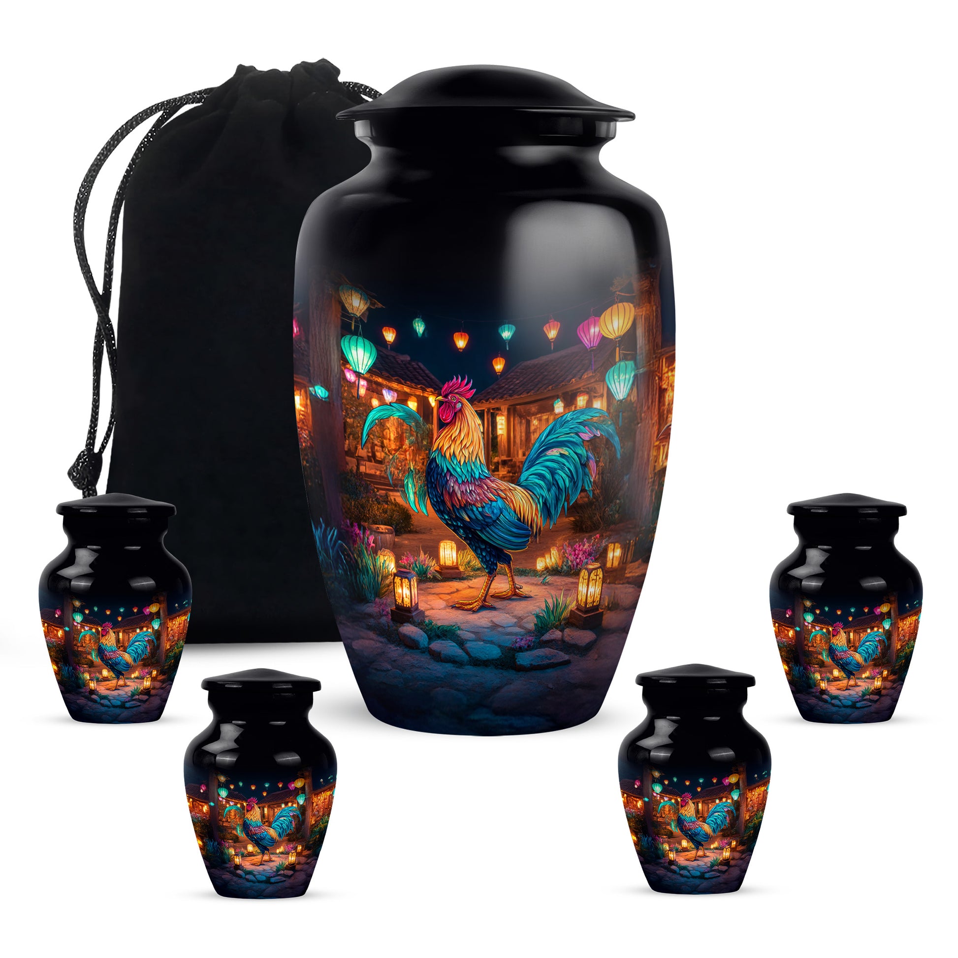 Jet Black Hen Cremation Urn top-down view of secure threaded lid - timeless hen motif etched into premium metal - memorial set with one large and four small urns