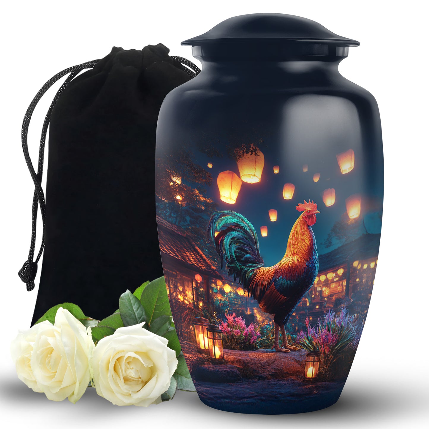 Slate Blue Hen Cremation Urn angled view of lid and engraved motif - timeless hen motif etched into premium metal - full-size 10 inch 200 cubic inch adult cremation urn