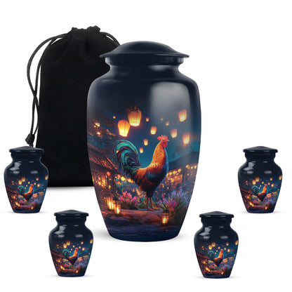 Sapphire Blue Hen Cremation Urn top-down view of secure threaded lid - elegant classic hen relief with fine detailing - memorial set with one large and four small urns