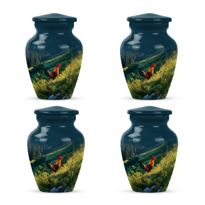 Royal Blue Hen Cremation Urn side profile showing urn shape - traditional hen engraving with hand-polished finish - 10 inch aluminum urn for cremated remains