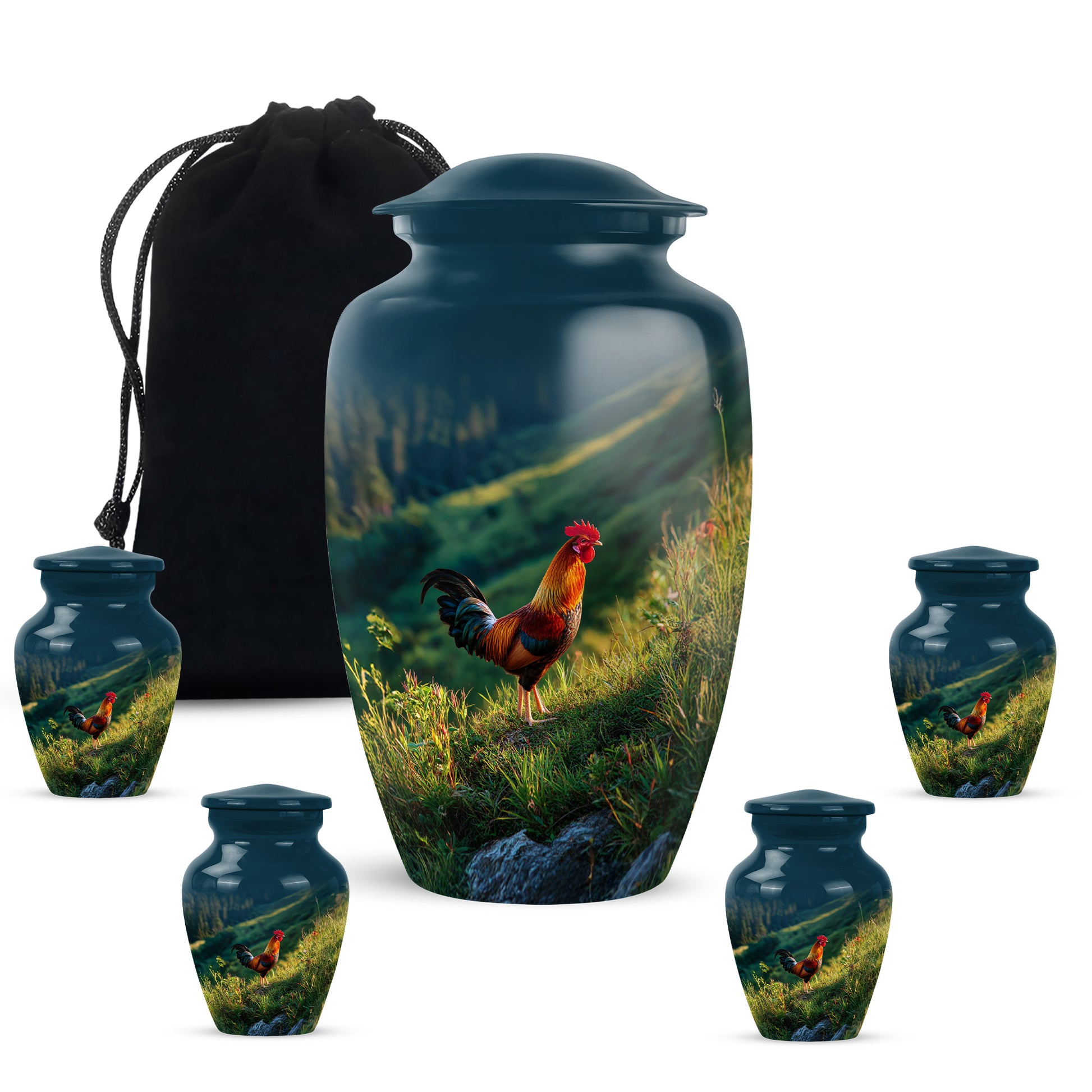 Slate Blue Hen Cremation Urn top-down view of secure threaded lid - timeless hen motif etched into premium metal - memorial set with one large and four small urns