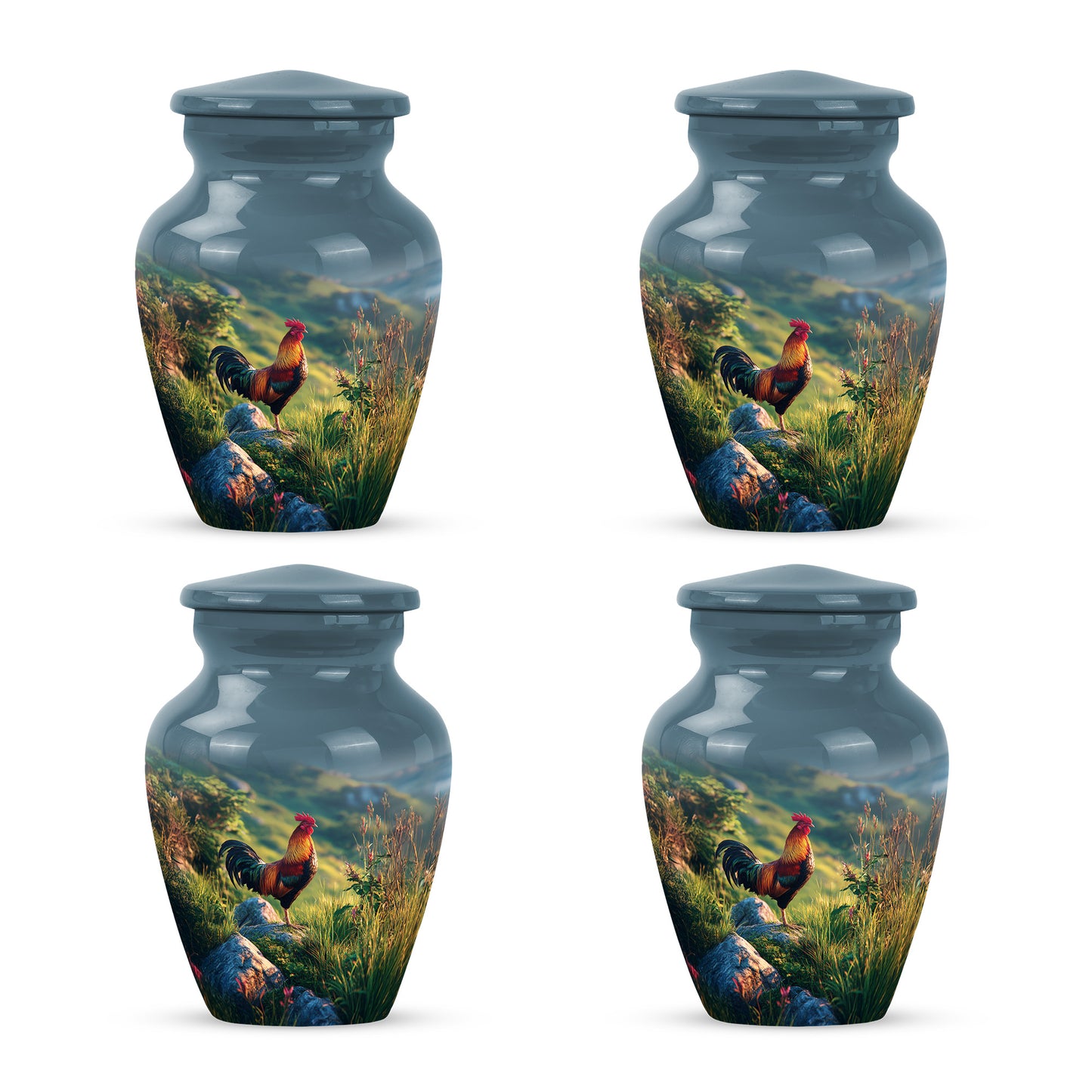 Azure Hen Cremation Urn side profile showing urn shape - timeless hen motif etched into premium metal - 10 inch aluminum urn for cremated remains