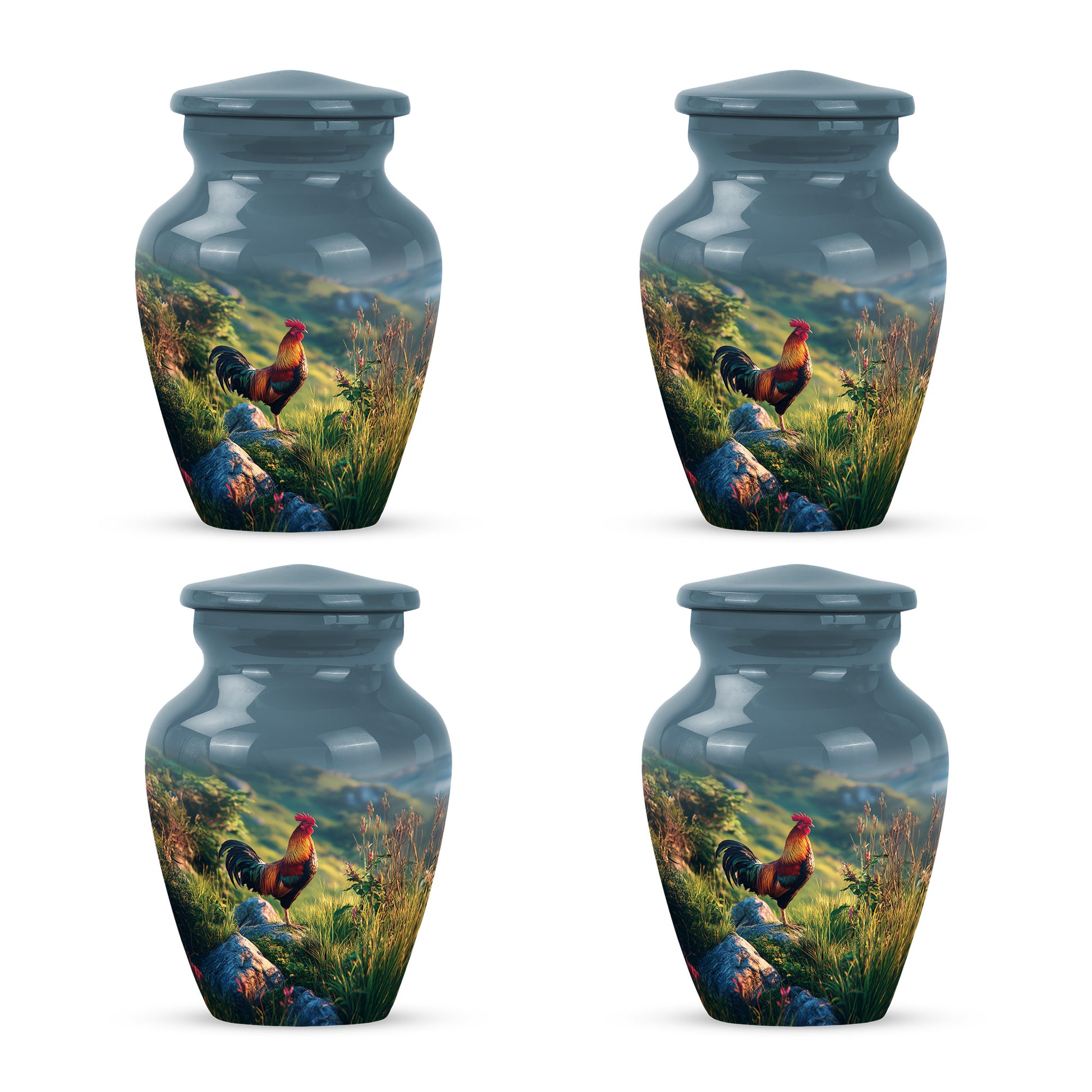 Azure Hen Cremation Urn side profile showing urn shape - timeless hen motif etched into premium metal - 10 inch aluminum urn for cremated remains