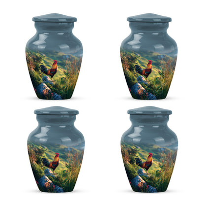 Azure Hen Cremation Urn side profile showing urn shape - timeless hen motif etched into premium metal - 10 inch aluminum urn for cremated remains