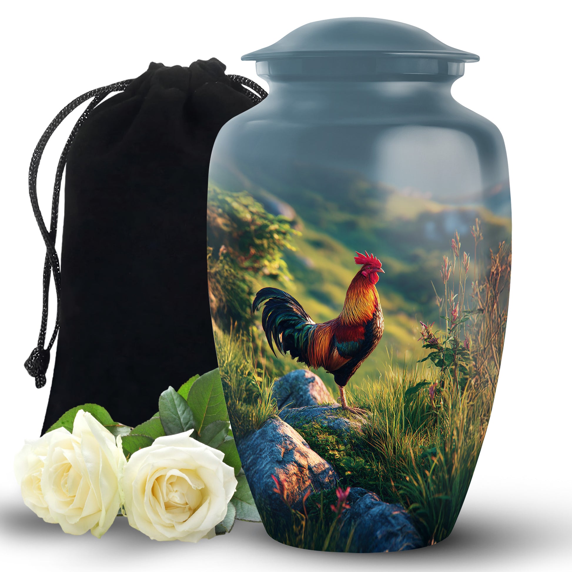 Pastel Blue Hen Cremation Urn angled view of lid and engraved motif - timeless hen motif etched into premium metal - full-size 10 inch 200 cubic inch adult cremation urn