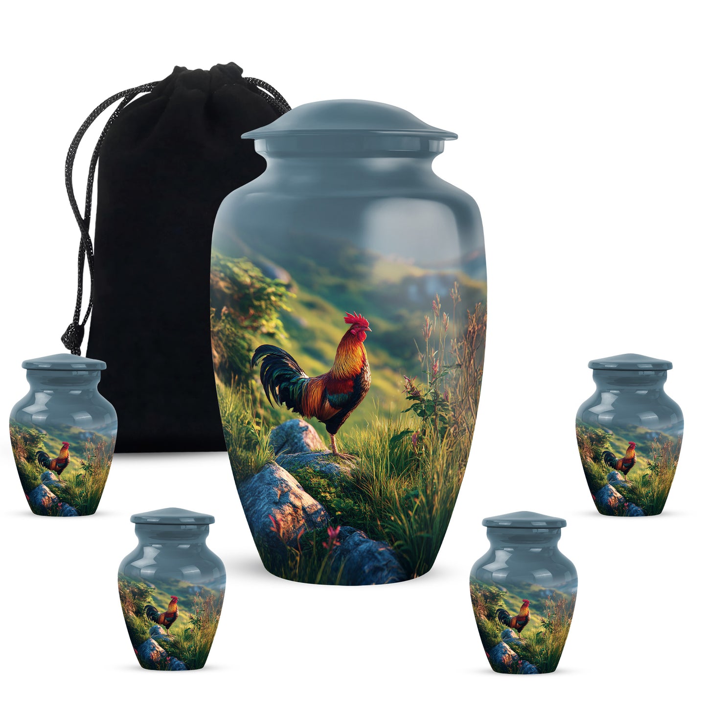 Twilight Blue Hen Cremation Urn top-down view of secure threaded lid - traditional hen engraving with hand-polished finish - memorial set with one large and four small urns
