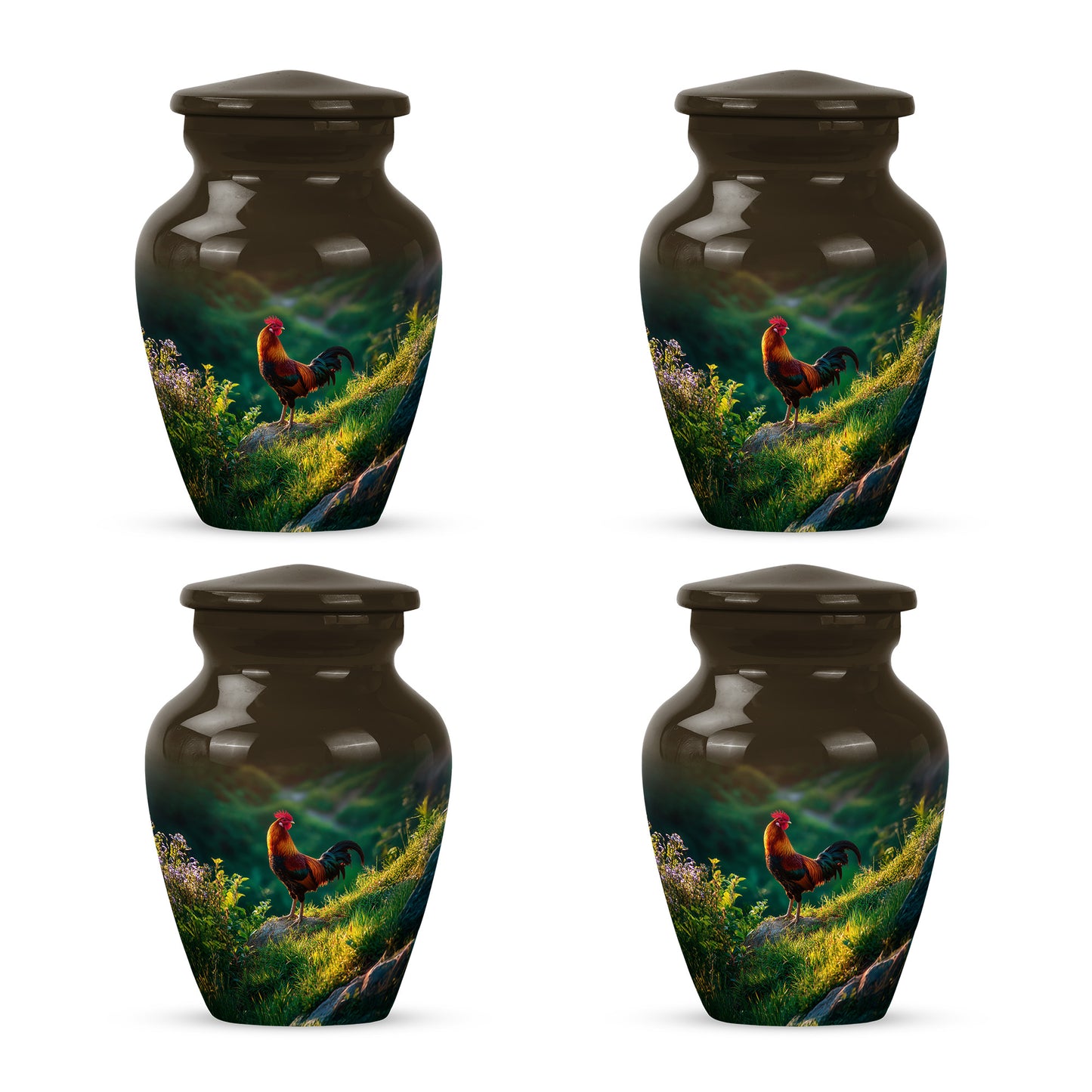 Matte Gold Hen Cremation Urn side profile showing urn shape - traditional hen engraving with hand-polished finish - 10 inch aluminum urn for cremated remains
