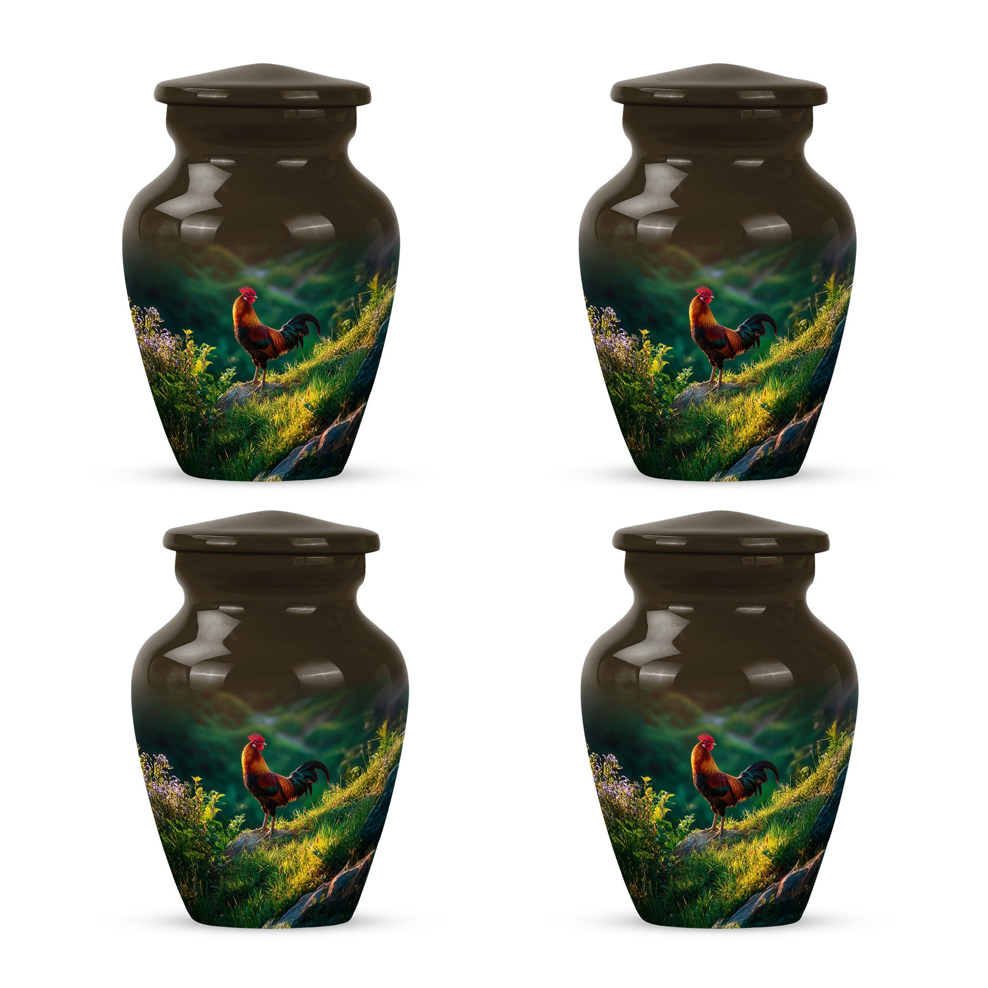 Matte Gold Hen Cremation Urn side profile showing urn shape - traditional hen engraving with hand-polished finish - 10 inch aluminum urn for cremated remains