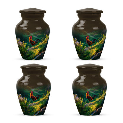 Matte Gold Hen Cremation Urn side profile showing urn shape - traditional hen engraving with hand-polished finish - 10 inch aluminum urn for cremated remains