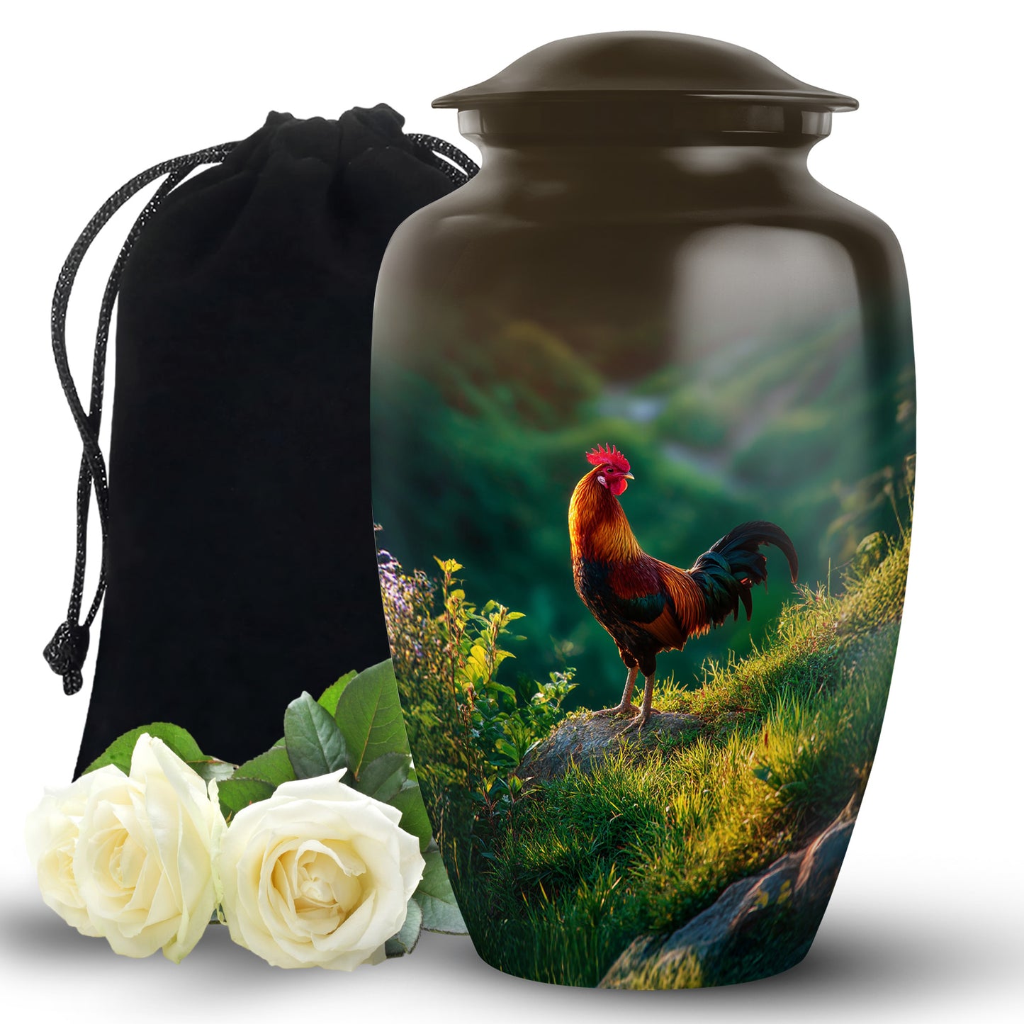 Matte Gold Hen Cremation Urn angled view of lid and engraved motif - traditional hen engraving with hand-polished finish - full-size 10 inch 200 cubic inch adult cremation urn