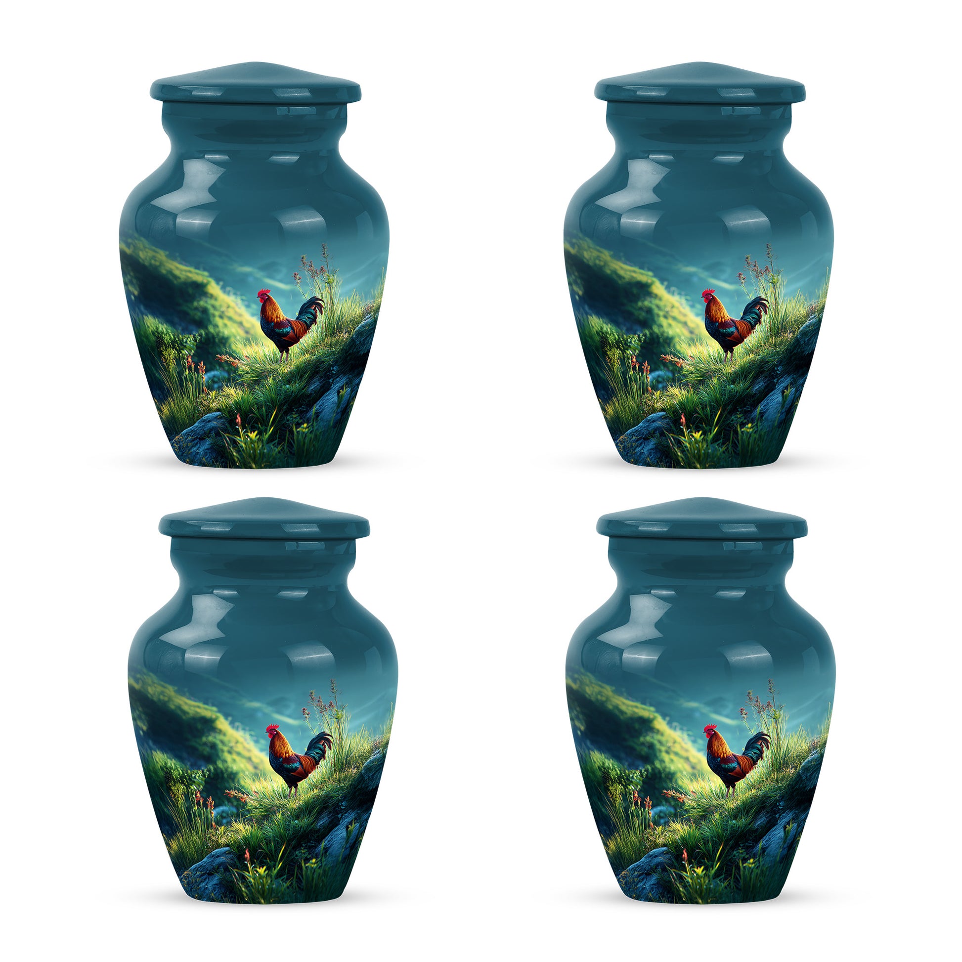 Mystic Teal Hen Cremation Urn side profile showing urn shape - traditional hen engraving with hand-polished finish - 10 inch aluminum urn for cremated remains
