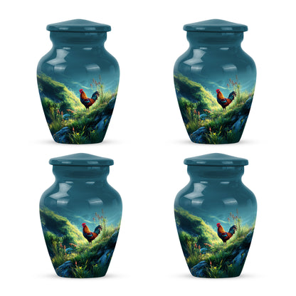 Mystic Teal Hen Cremation Urn side profile showing urn shape - traditional hen engraving with hand-polished finish - 10 inch aluminum urn for cremated remains