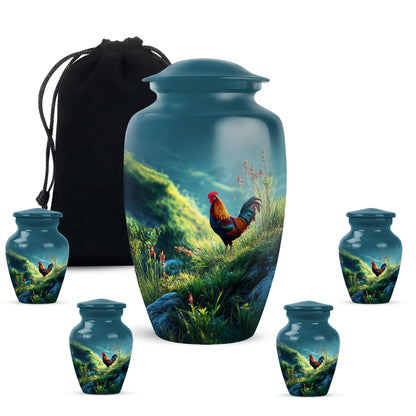 Cool Teal Hen Cremation Urn top-down view of secure threaded lid - classic sculpted hen pattern on smooth aluminum - memorial set with one large and four small urns
