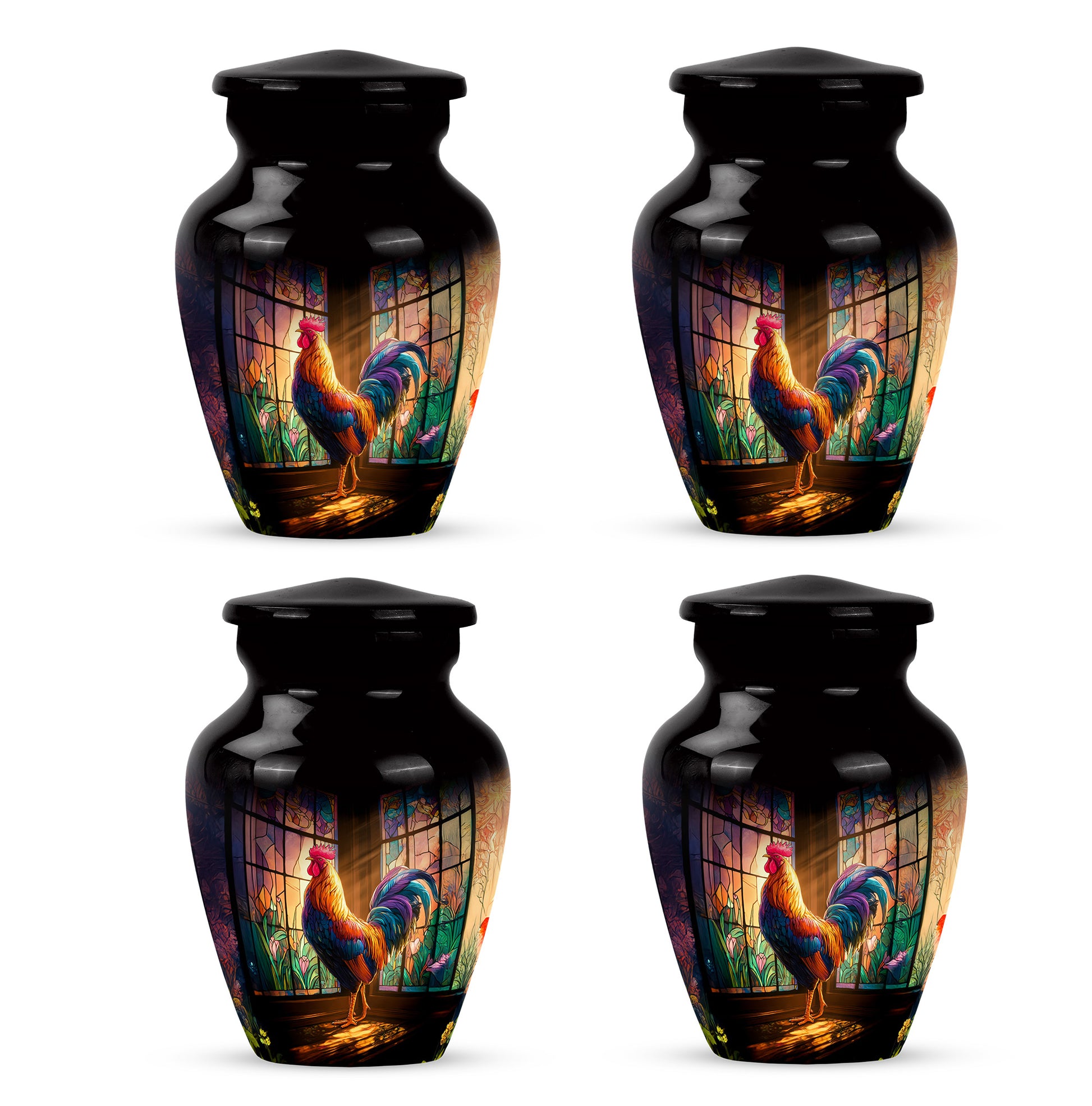 Onyx Black Hen Cremation Urn side profile showing urn shape - traditional hen engraving with hand-polished finish - 10 inch aluminum urn for cremated remains