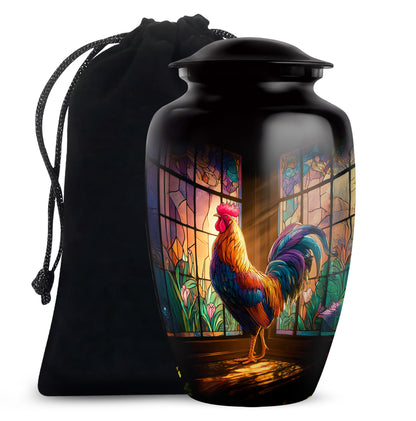 Glossy Black Hen Cremation Urn angled view of lid and engraved motif - classic sculpted hen pattern on smooth aluminum - full-size 10 inch 200 cubic inch adult cremation urn