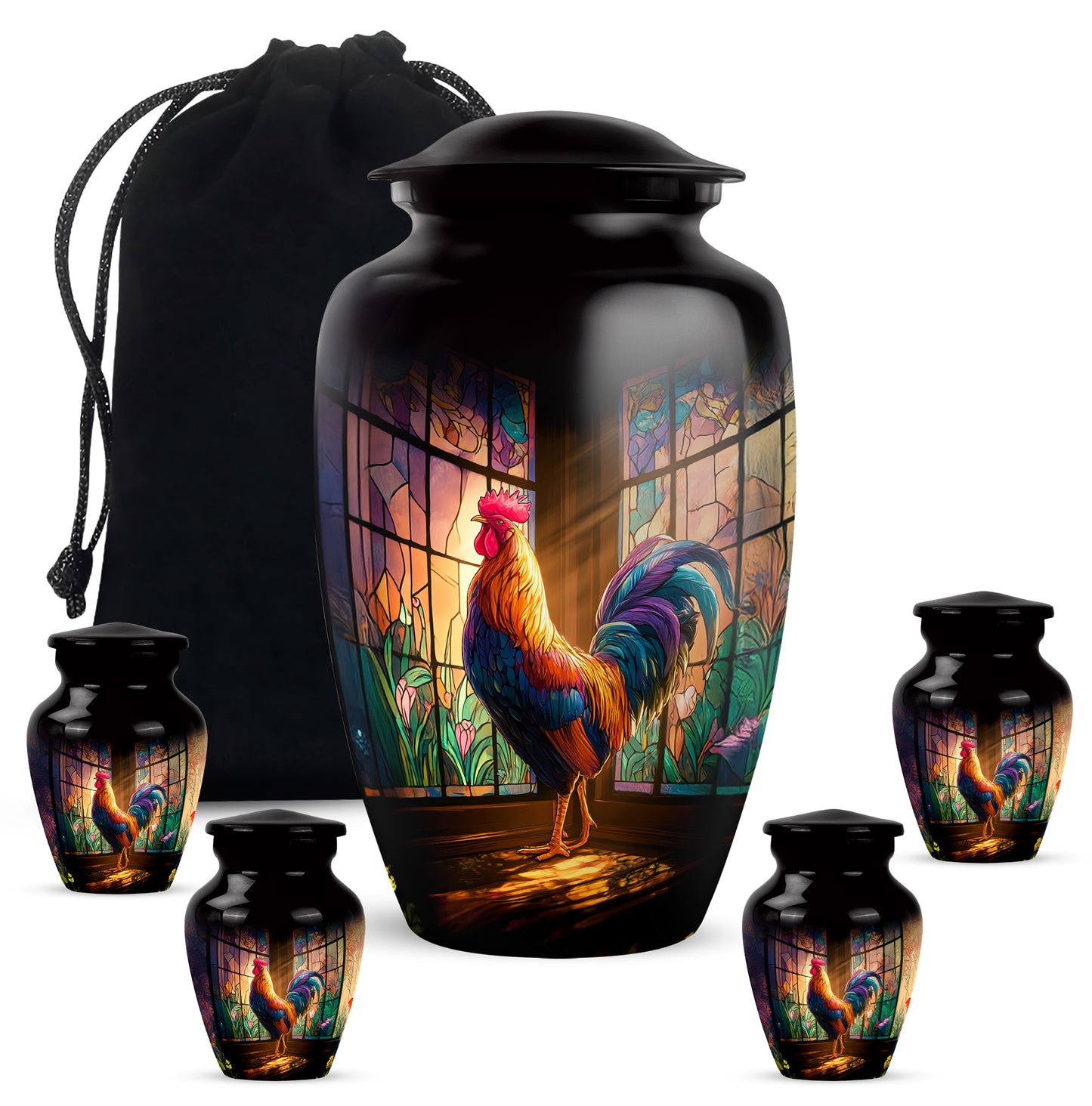 Glossy Black Hen Cremation Urn top-down view of secure threaded lid - classic sculpted hen pattern on smooth aluminum - memorial set with one large and four small urns