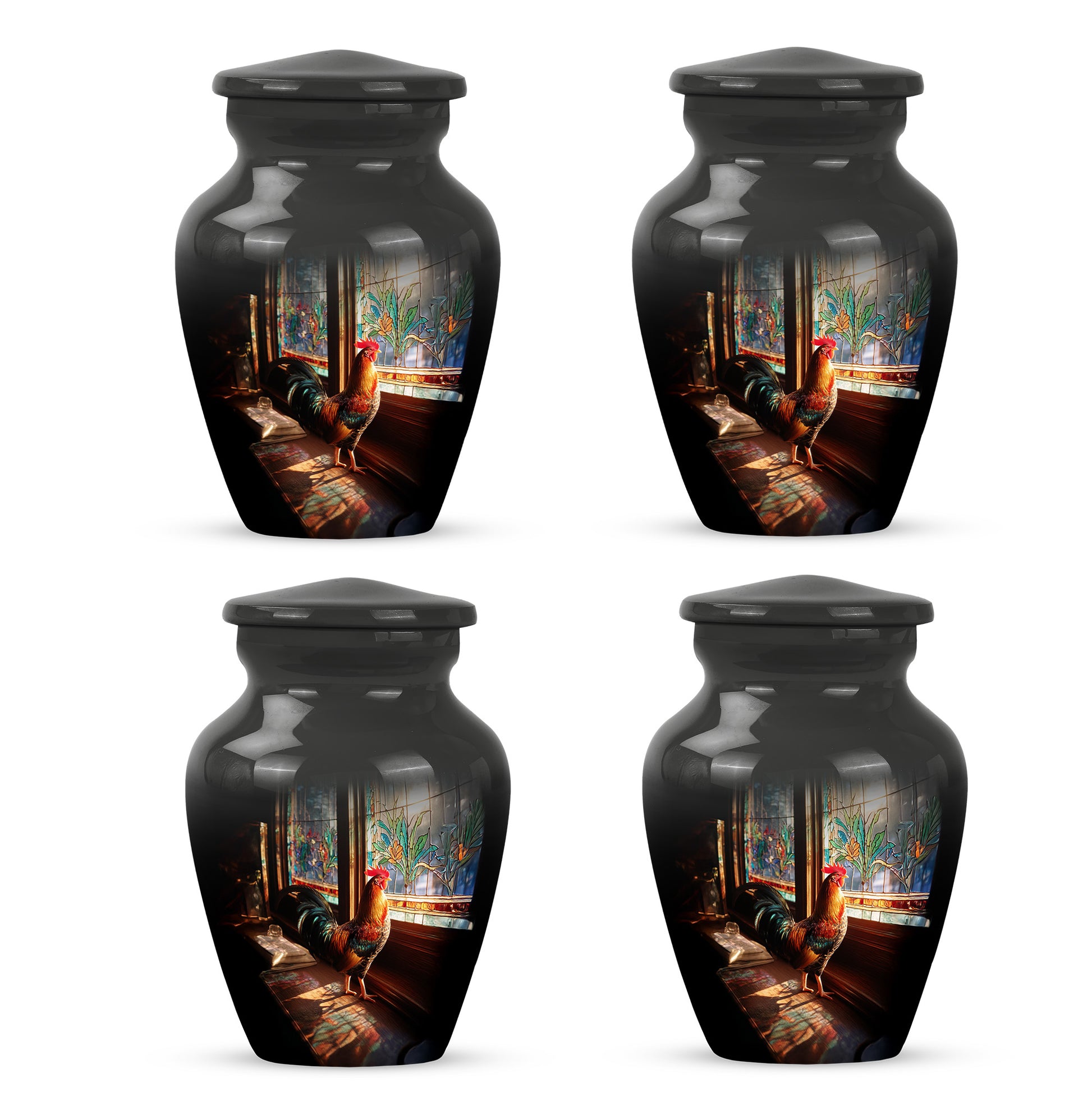 Jet Black Hen Cremation Urn side profile showing urn shape - timeless hen motif etched into premium metal - 10 inch aluminum urn for cremated remains