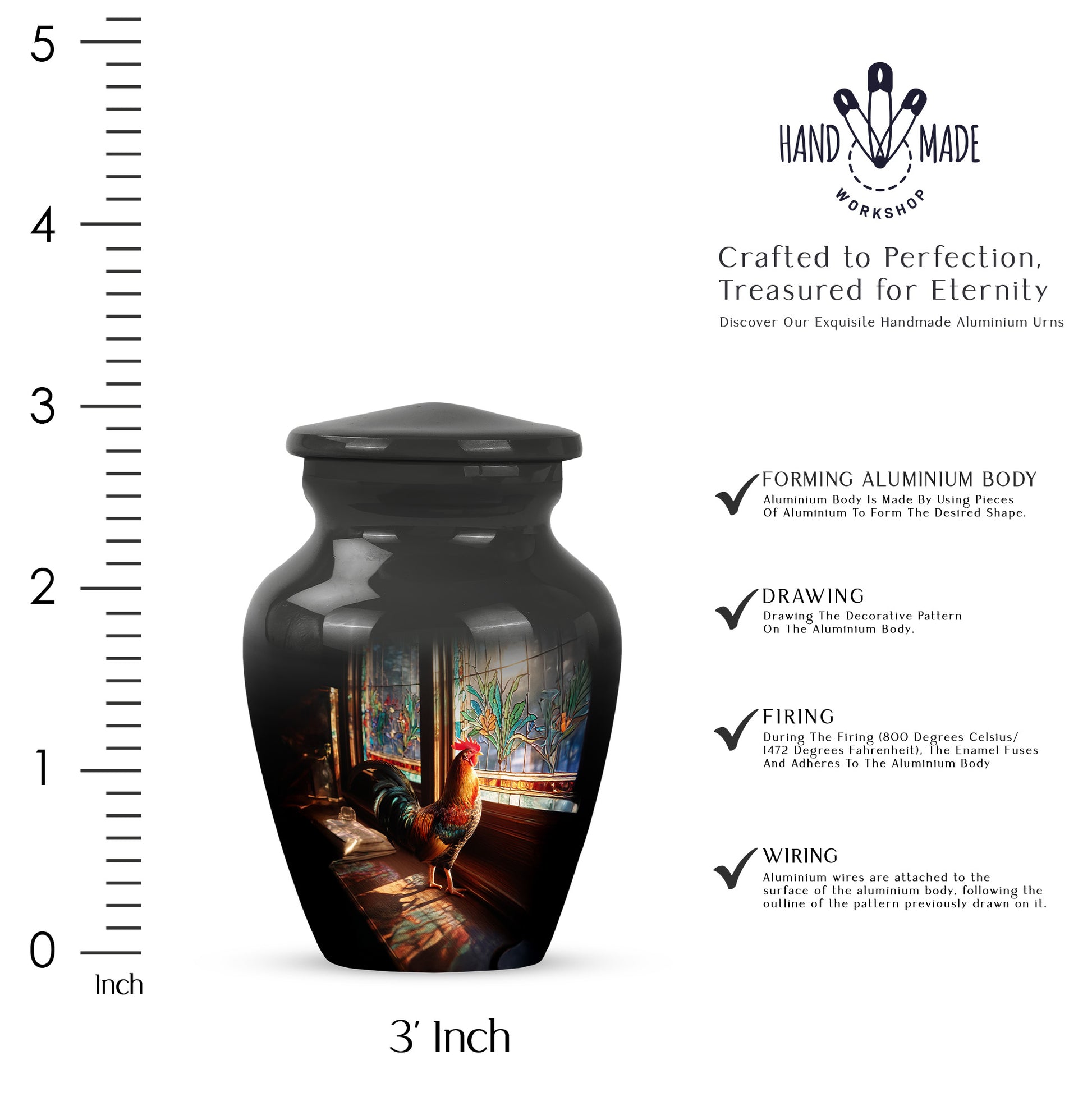 Dark Black Hen Cremation Urn close-up of engraving and surface detail - traditional hen engraving with hand-polished finish - mini keepsake memorial for portion of cremation ashes