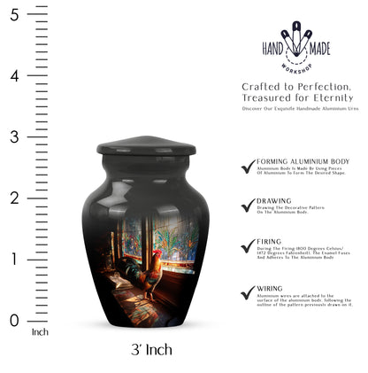 Dark Black Hen Cremation Urn close-up of engraving and surface detail - traditional hen engraving with hand-polished finish - mini keepsake memorial for portion of cremation ashes