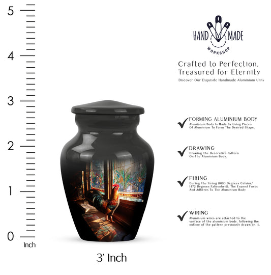 Dark Black Hen Cremation Urn close-up of engraving and surface detail - traditional hen engraving with hand-polished finish - mini keepsake memorial for portion of cremation ashes