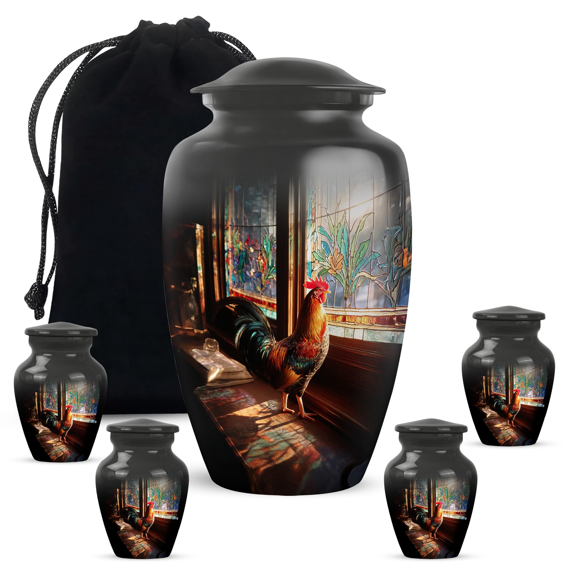 Rich Black Hen Cremation Urn top-down view of secure threaded lid - timeless hen motif etched into premium metal - memorial set with one large and four small urns