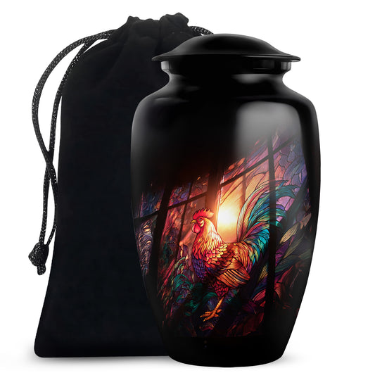Ebony Hen Cremation Urn angled view of lid and engraved motif - classic sculpted hen pattern on smooth aluminum - full-size 10 inch 200 cubic inch adult cremation urn